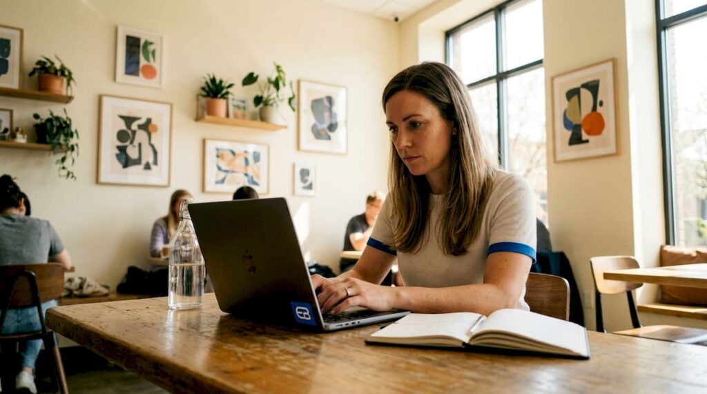 Service provider managing scheduling on laptop