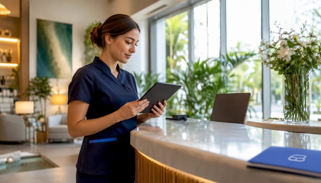 Spa manager using tablet for scheduling