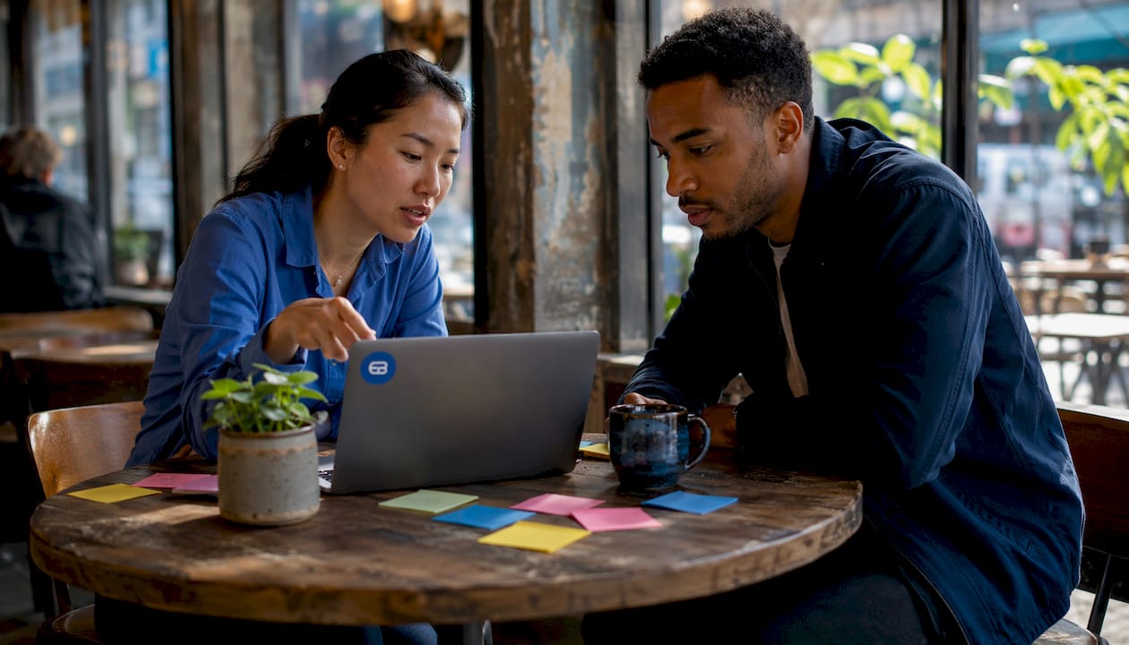 Two professionals comparing scheduling platforms
