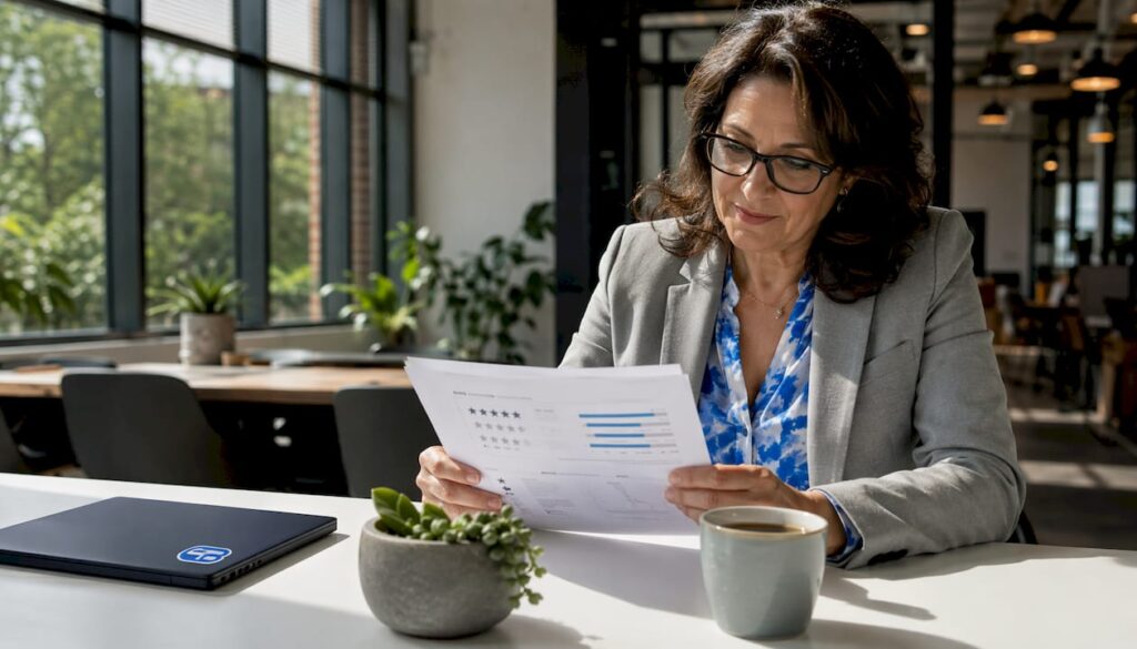 Studio owner reviewing Mindbody reviews report at desk