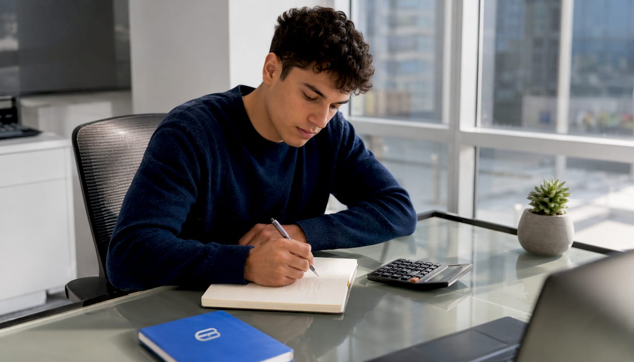 Small business owner calculating Mindbody pricing at kitchen table
