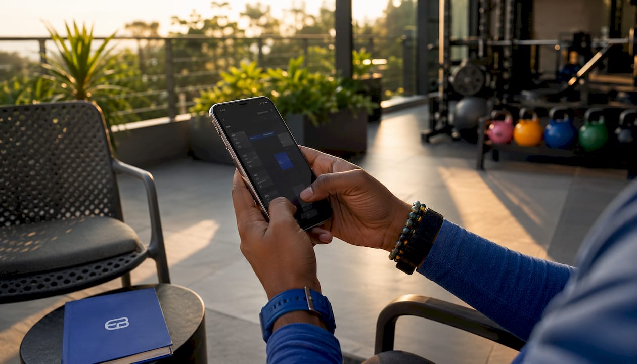 Hands holding smartphone with scheduling app in gym