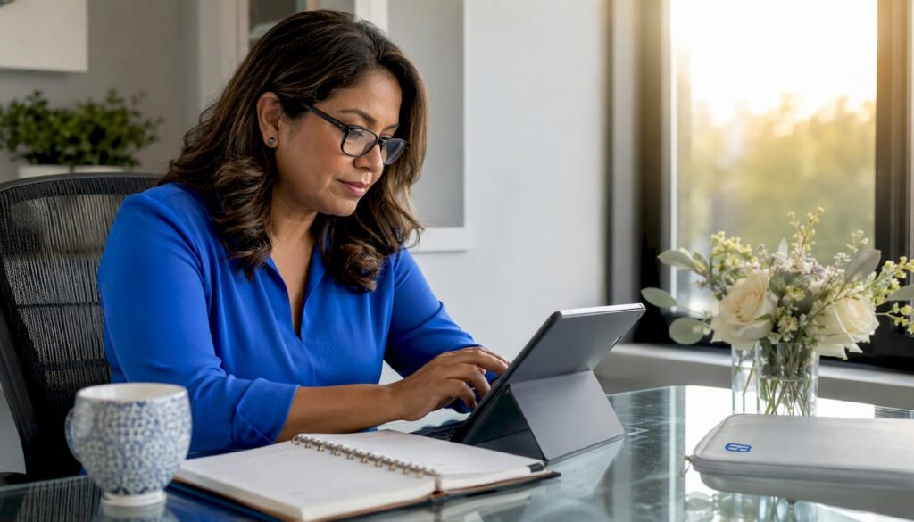 Small business owner using booking software tablet