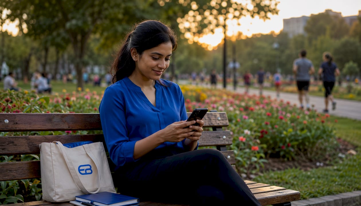 Woman receiving appointment reminder on smartphone in café