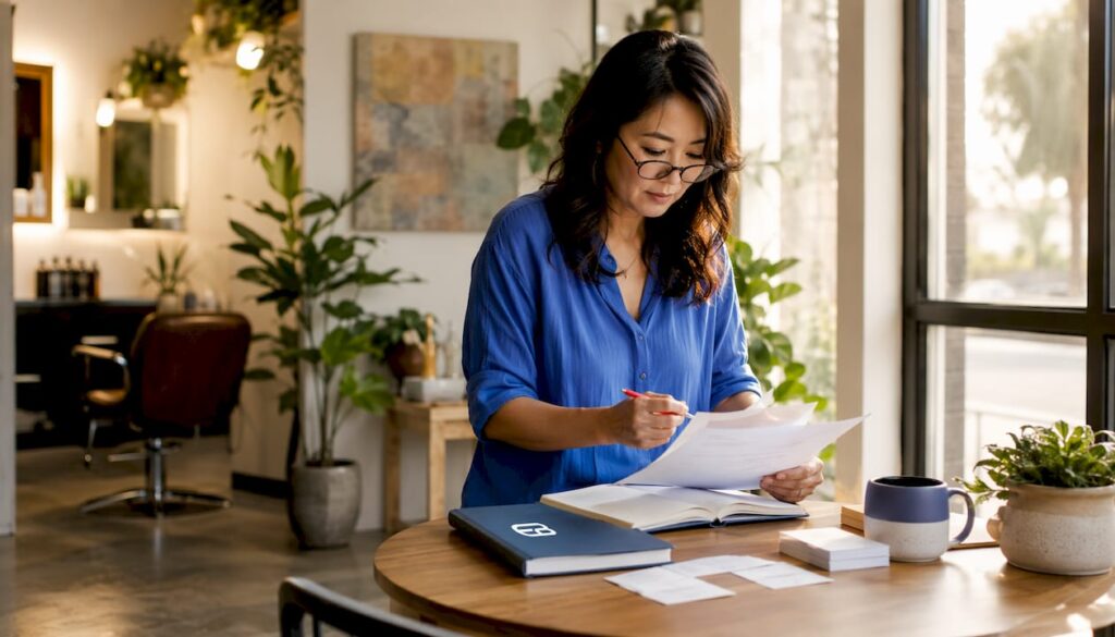 Salon owner reviewing Fresha documents at desk