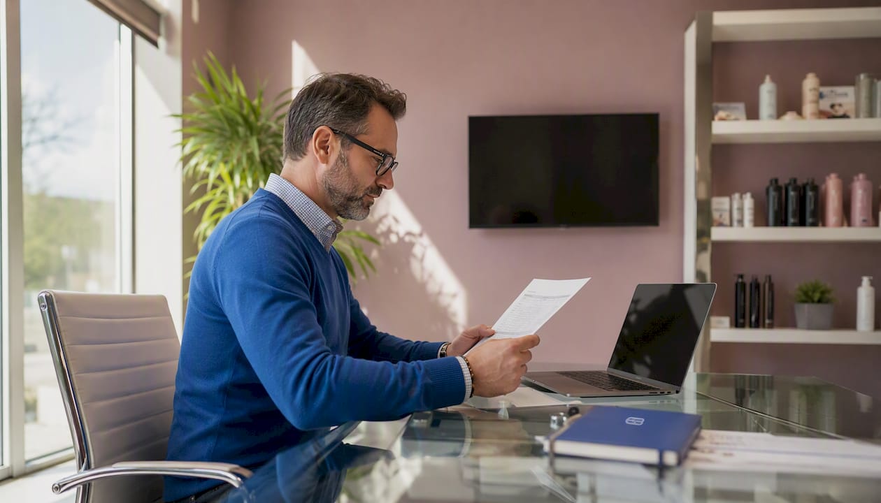 Salon manager reviewing booking system schedule