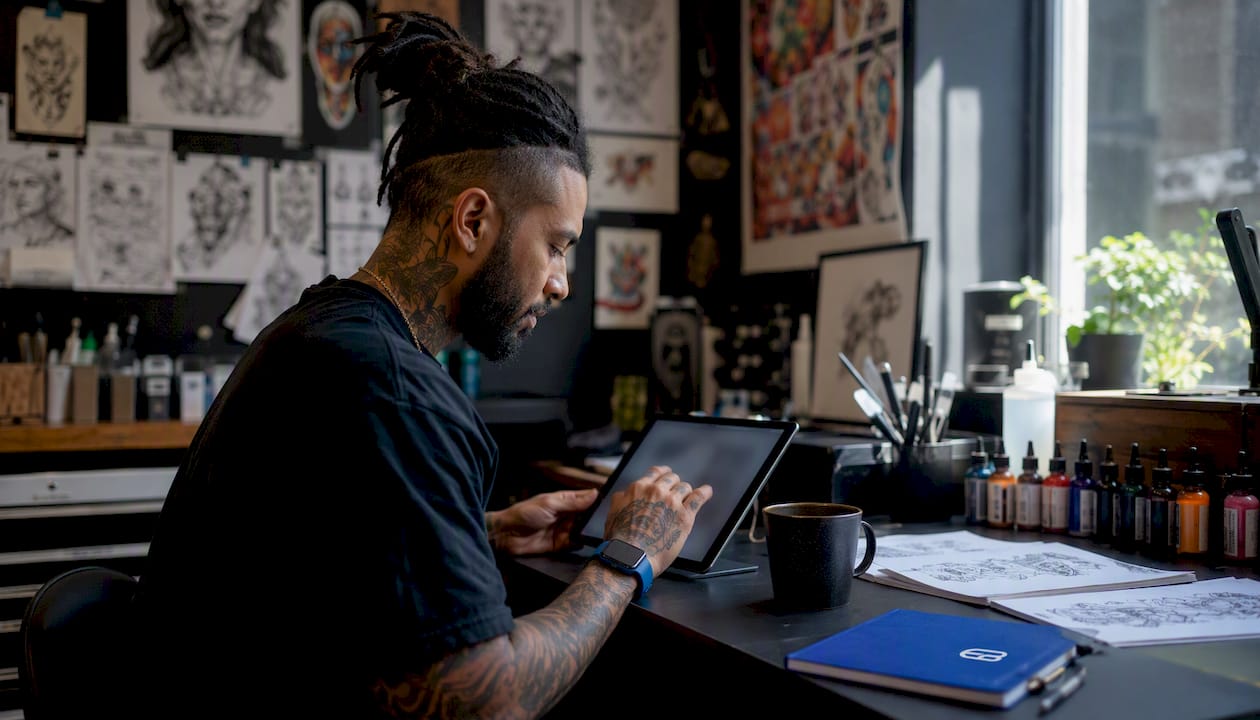 Tattoo artist using booking software tablet