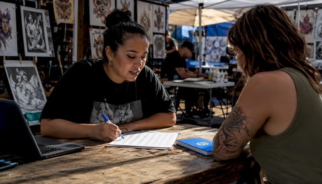 Receptionist booking tattoo appointments in studio