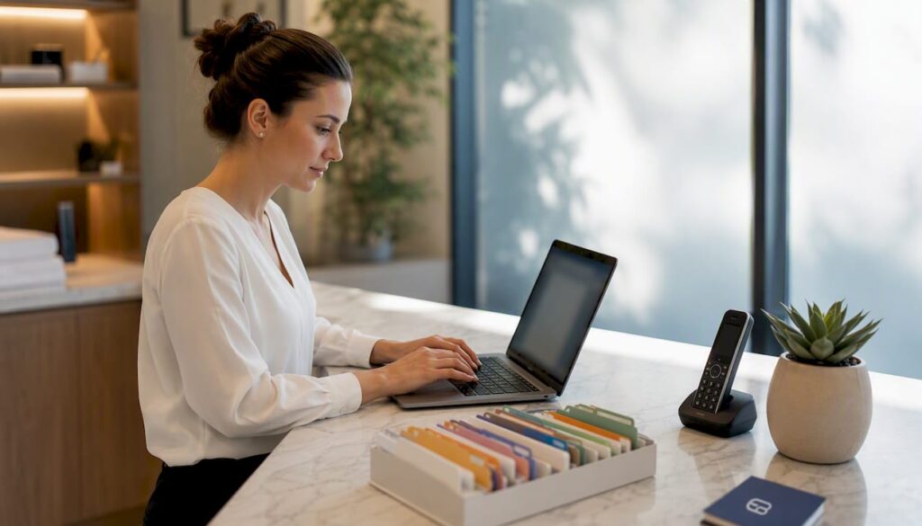 Receptionist booking massage appointments on laptop