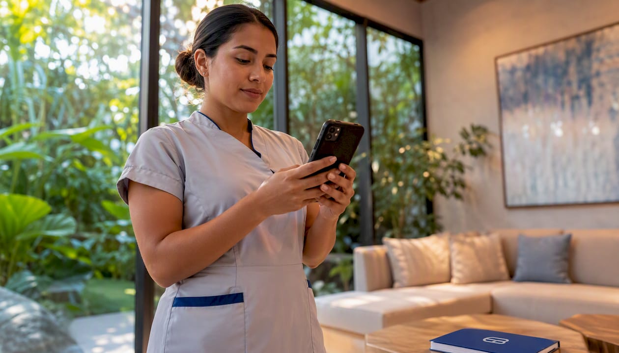 Spa staff member using scheduling app outdoors