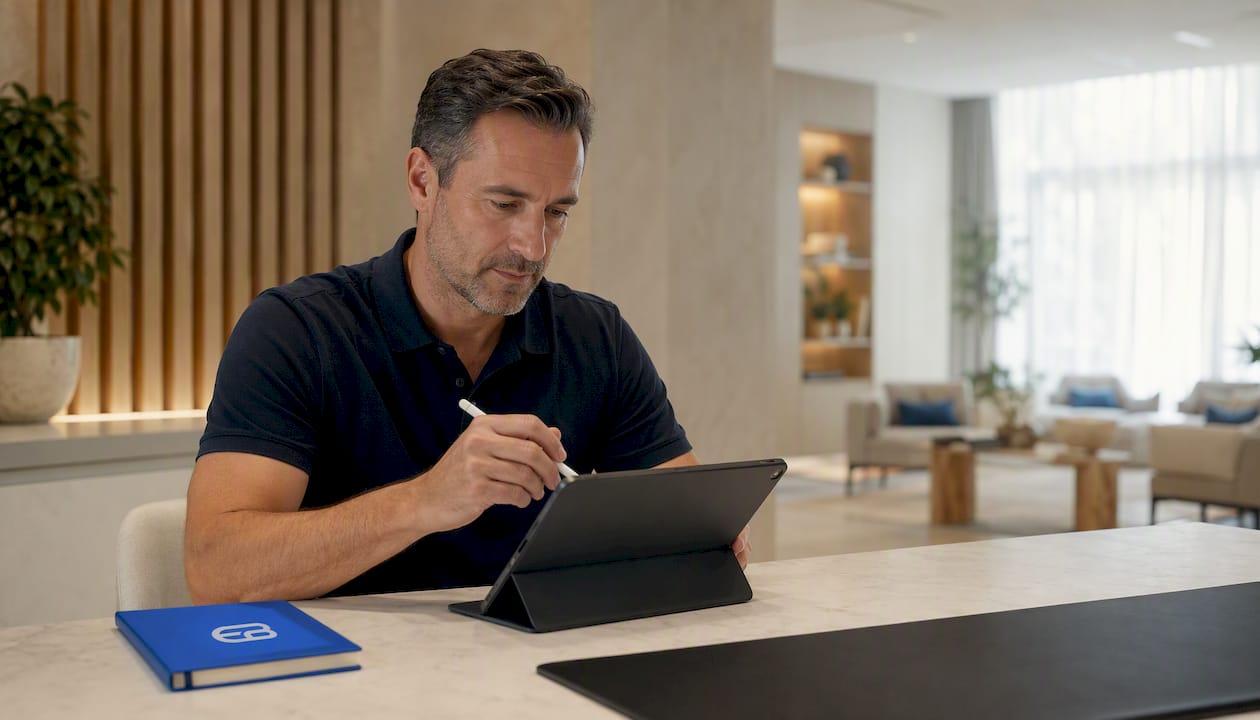 Hands setting up spa booking software on tablet