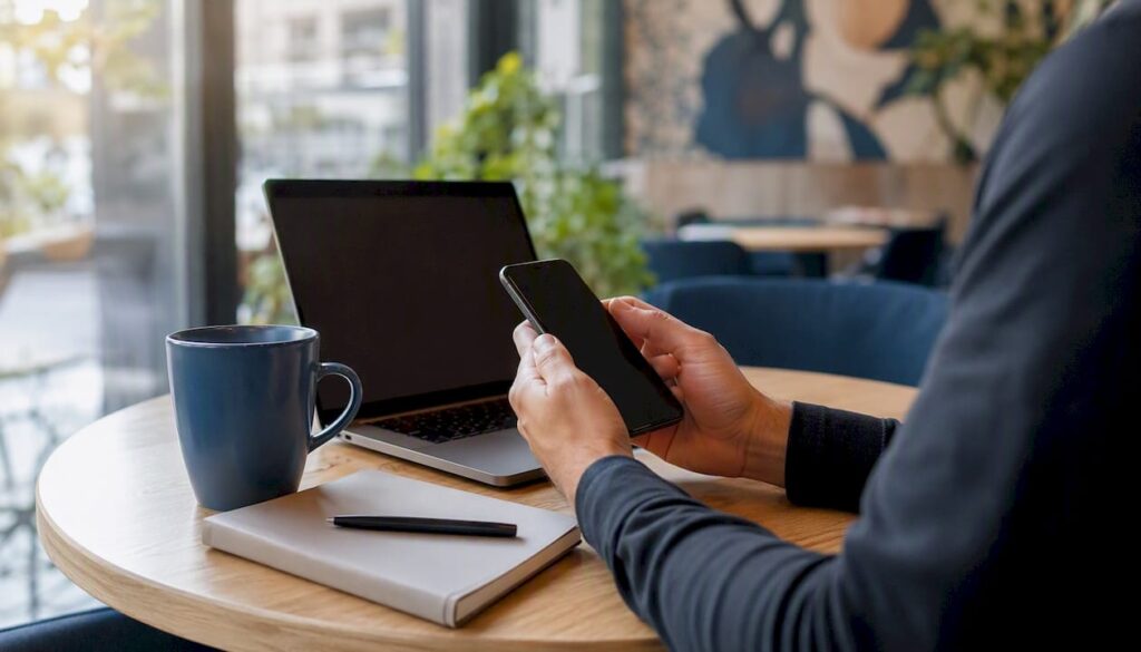 Hands holding smartphone on desk with pen and watch