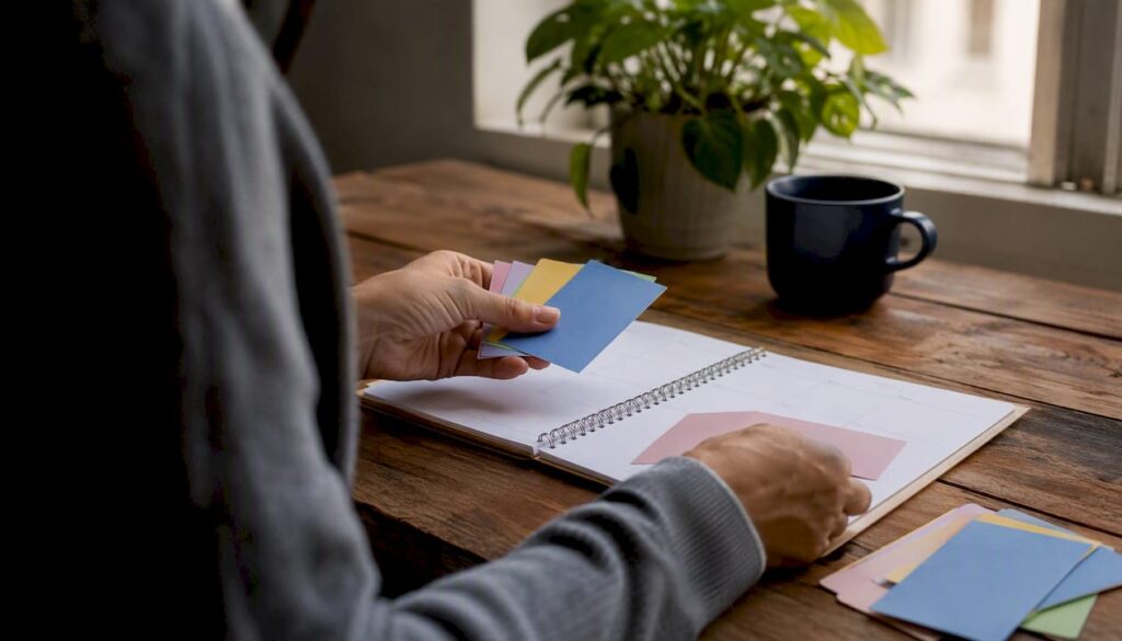 Hands organizing physical appointment cards on desk