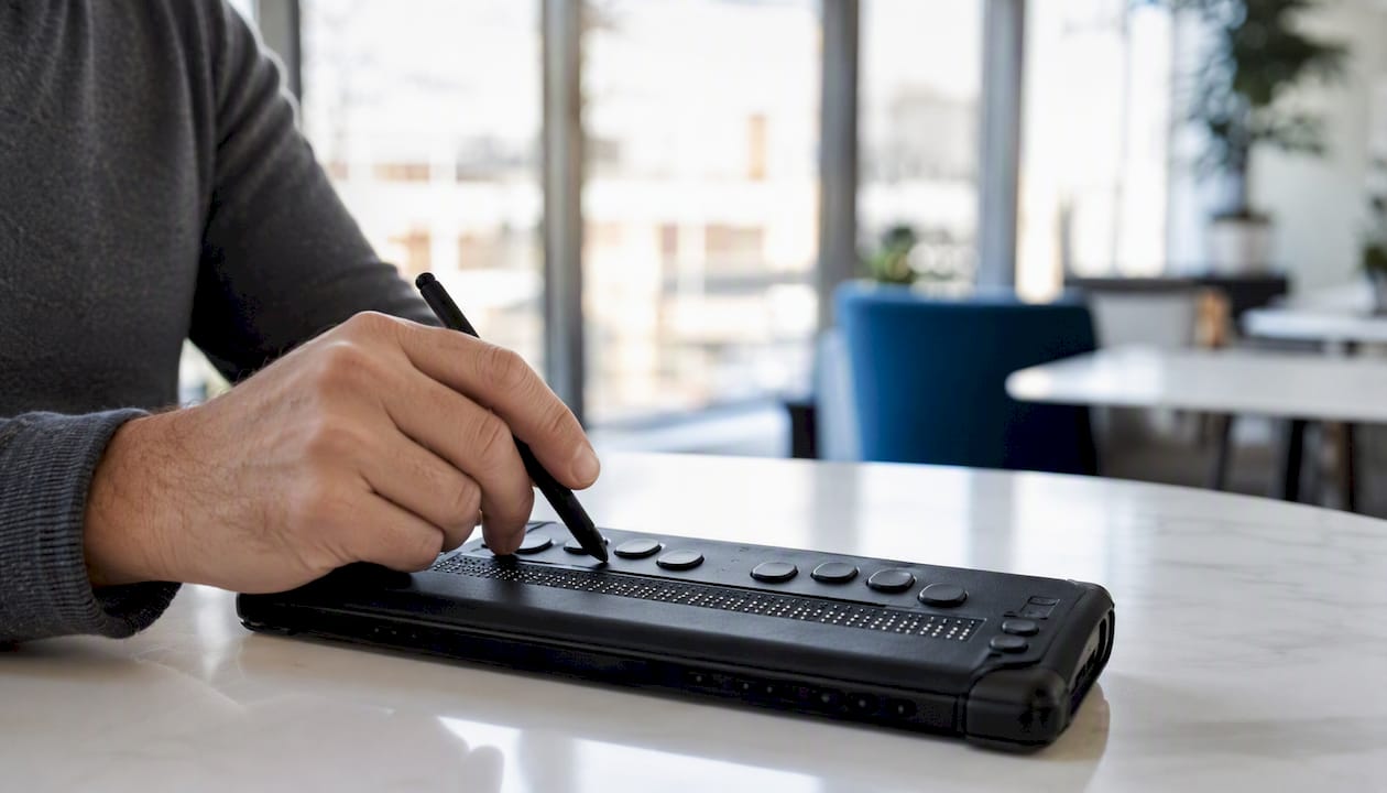 Hand using braille device for accessibility