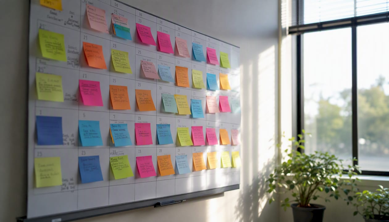 Wall calendar with sticky notes for appointments