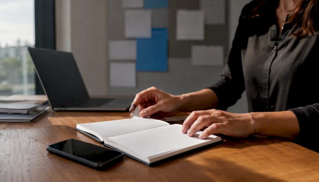 Hands placing reminder near phone and appointment book