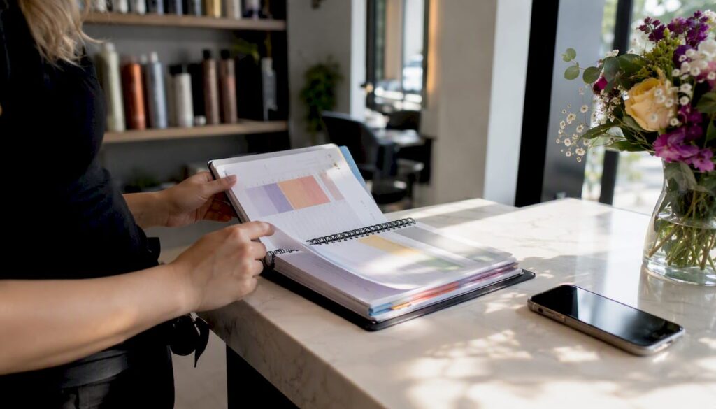 Hands manually adjusting calendar page on desk