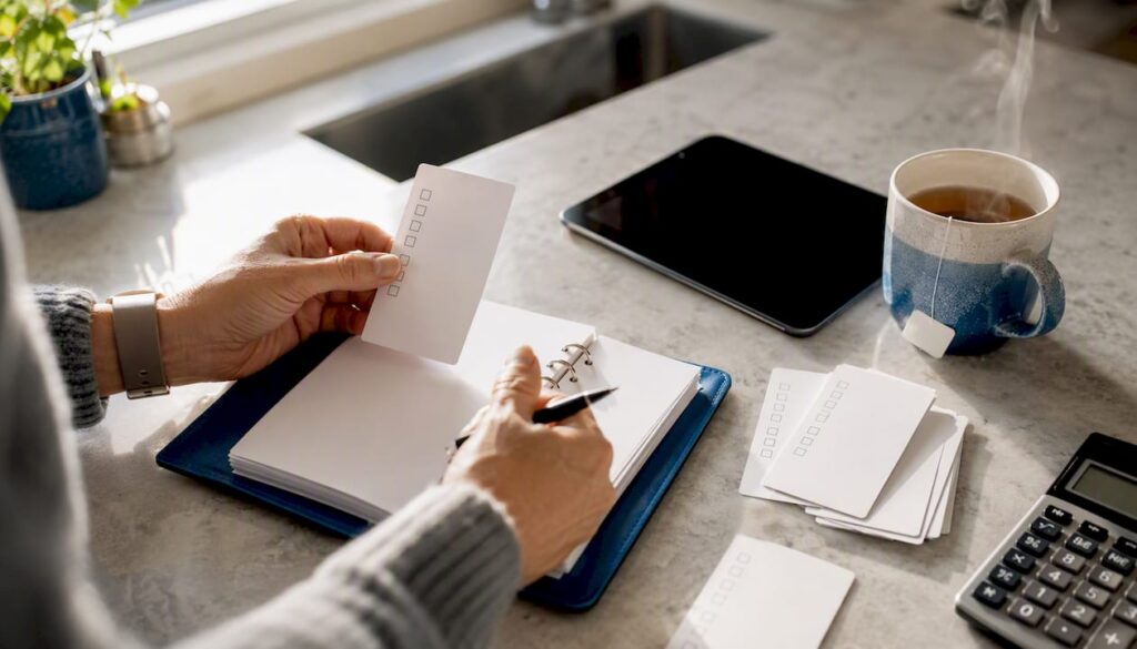 Hands organizing checklist cards on desk