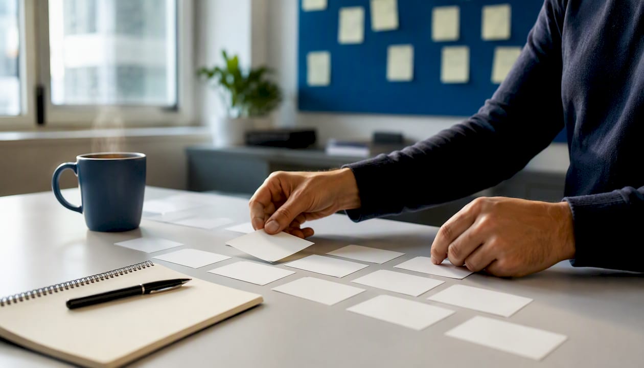 Hands arranging role cards on matrix board