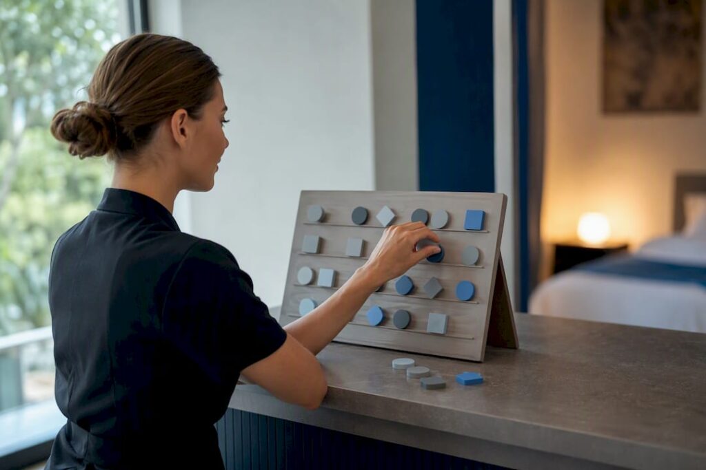 Hand placing booking tokens on calendar board