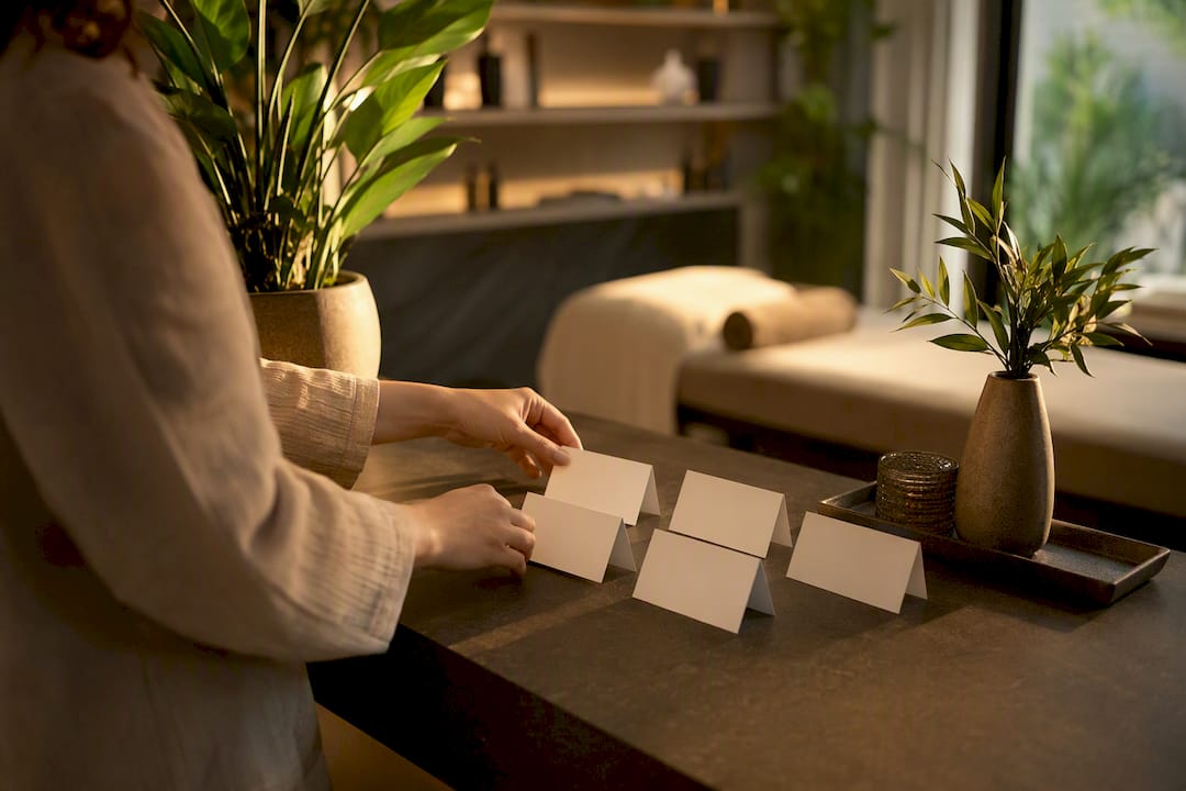 Hands arranging spa service cards on desk