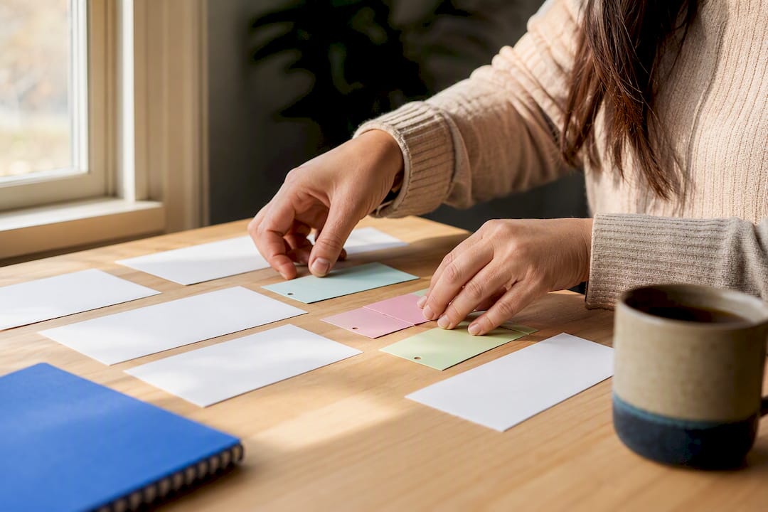 Hands sorting appointment reminder cards
