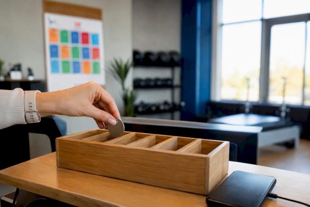 Hand placing token on fitness studio desk