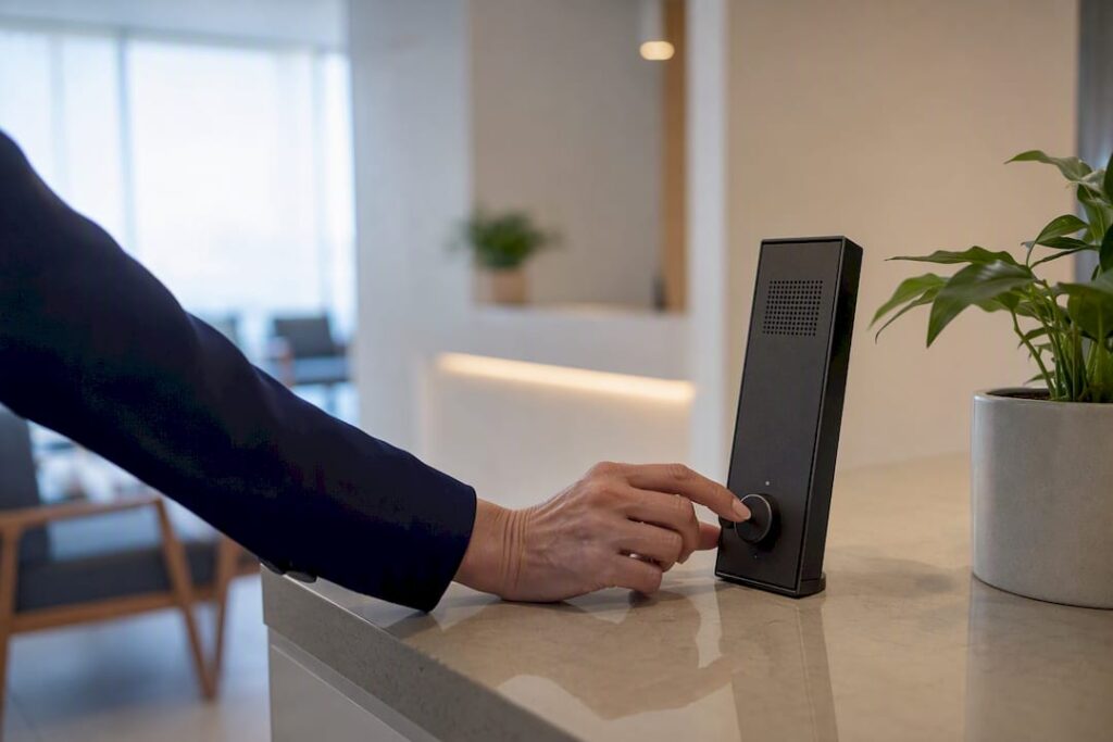 Hand pressing call button on intercom device