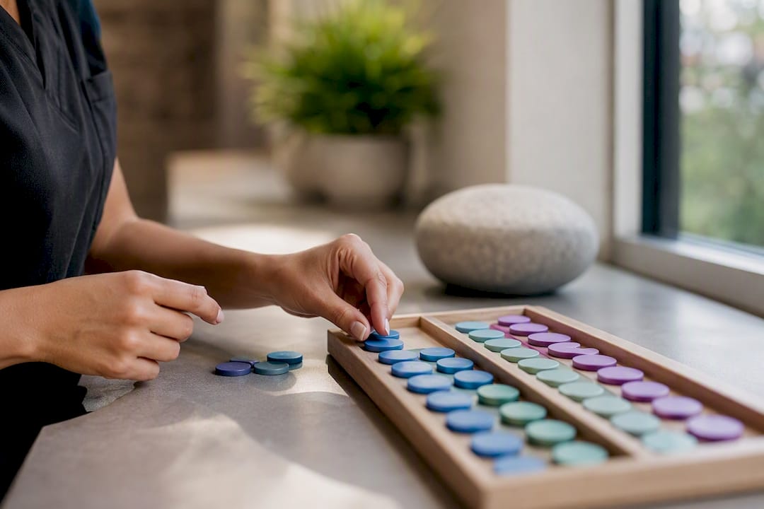 Hands organizing appointment tokens on desk
