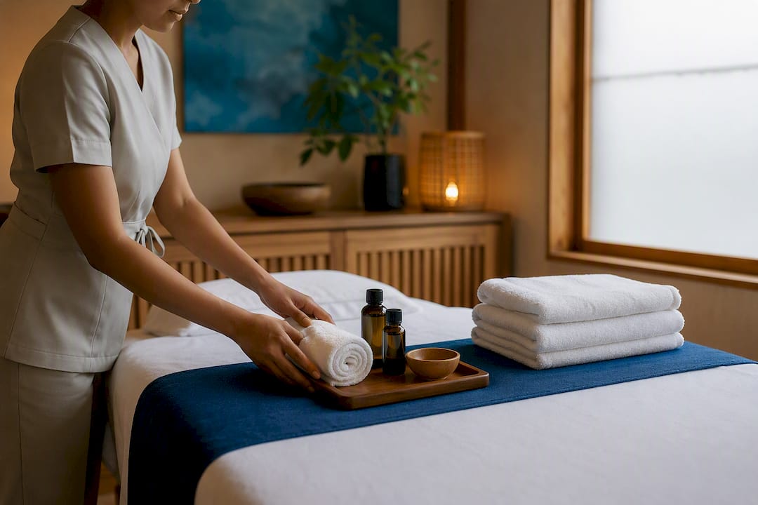Hands arranging towels and oils in spa room