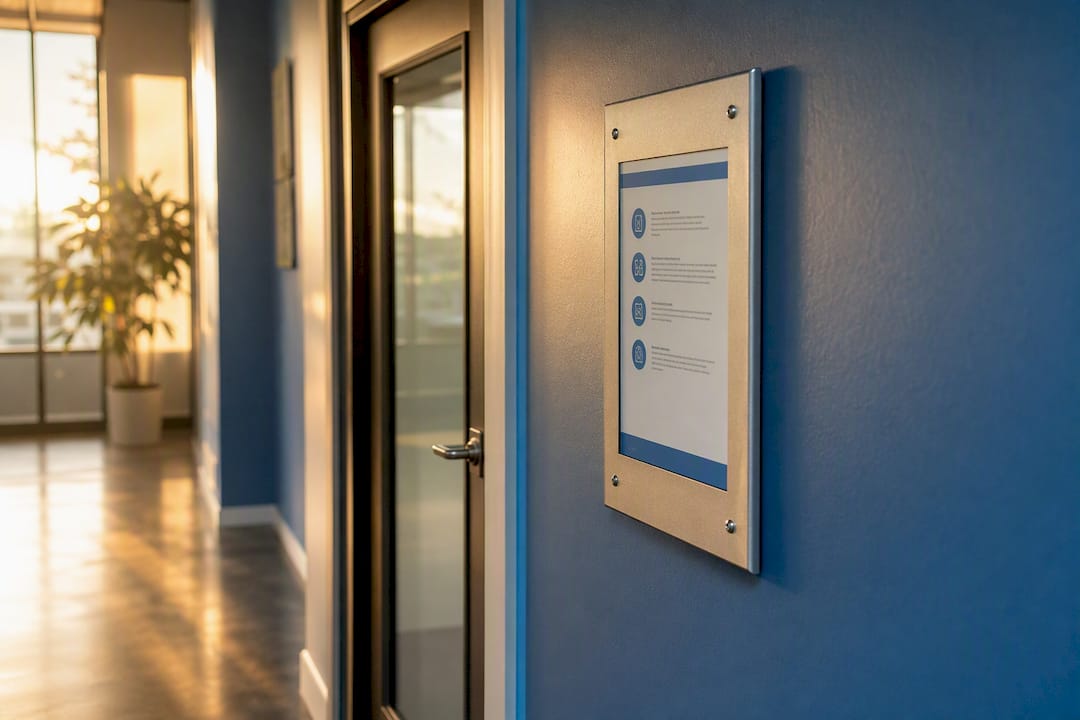 Meeting room door with usage policy sign