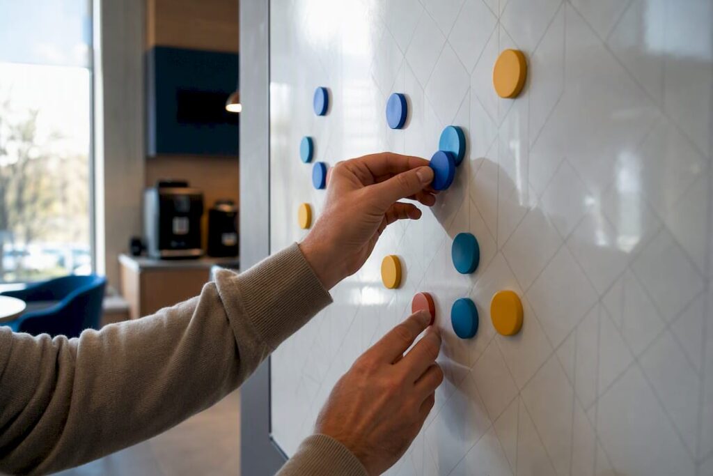 Hands arranging magnetic tokens on scheduling board
