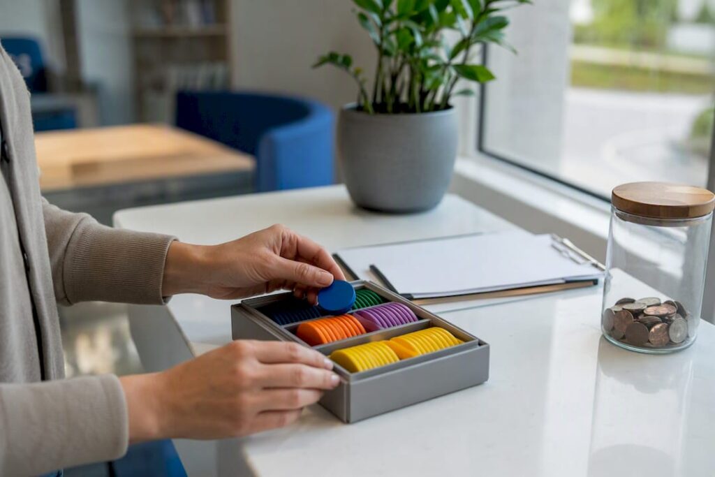 Hands placing tokens on scheduling organizer