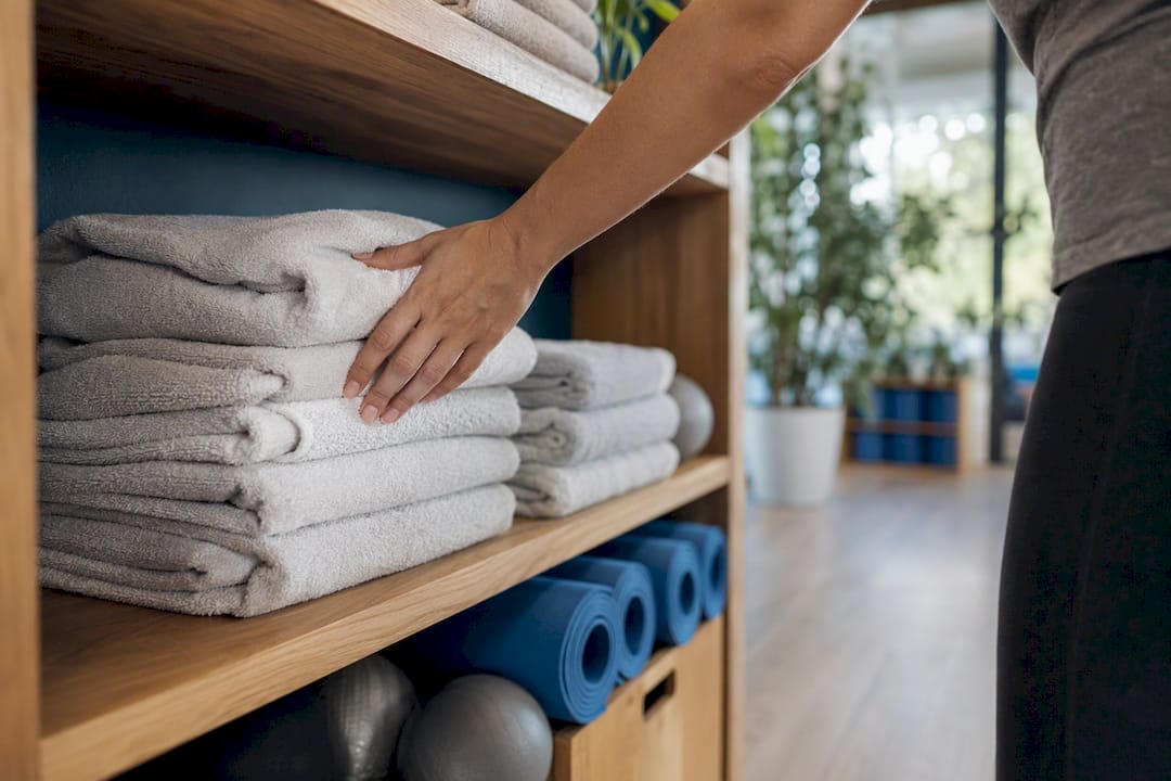 Hand placing towel in fitness studio