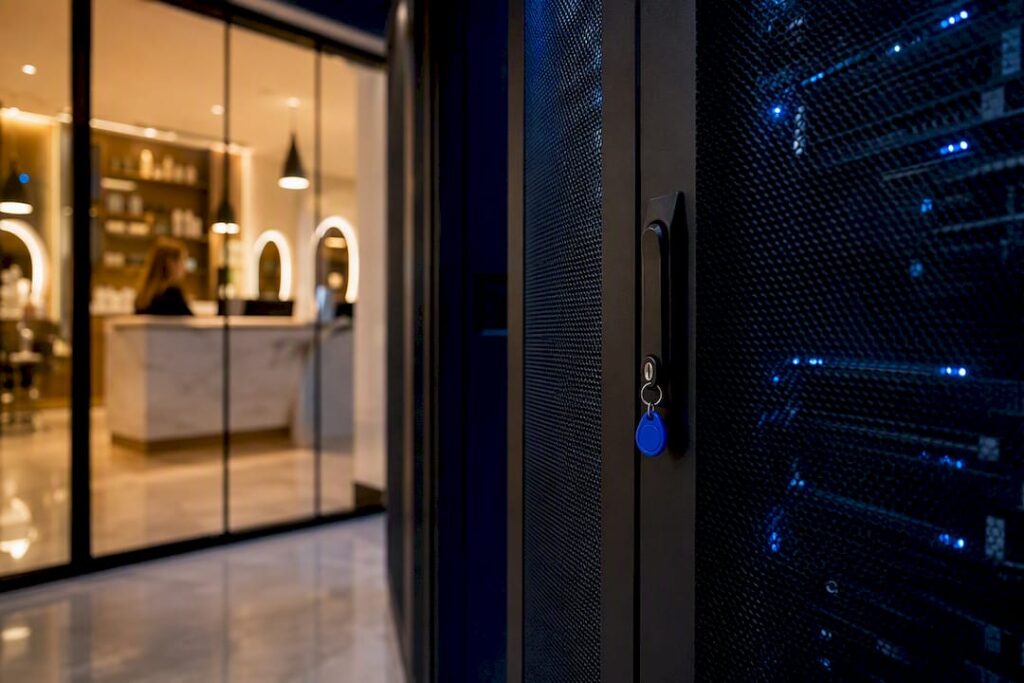 Locked server cabinet representing secure booking data