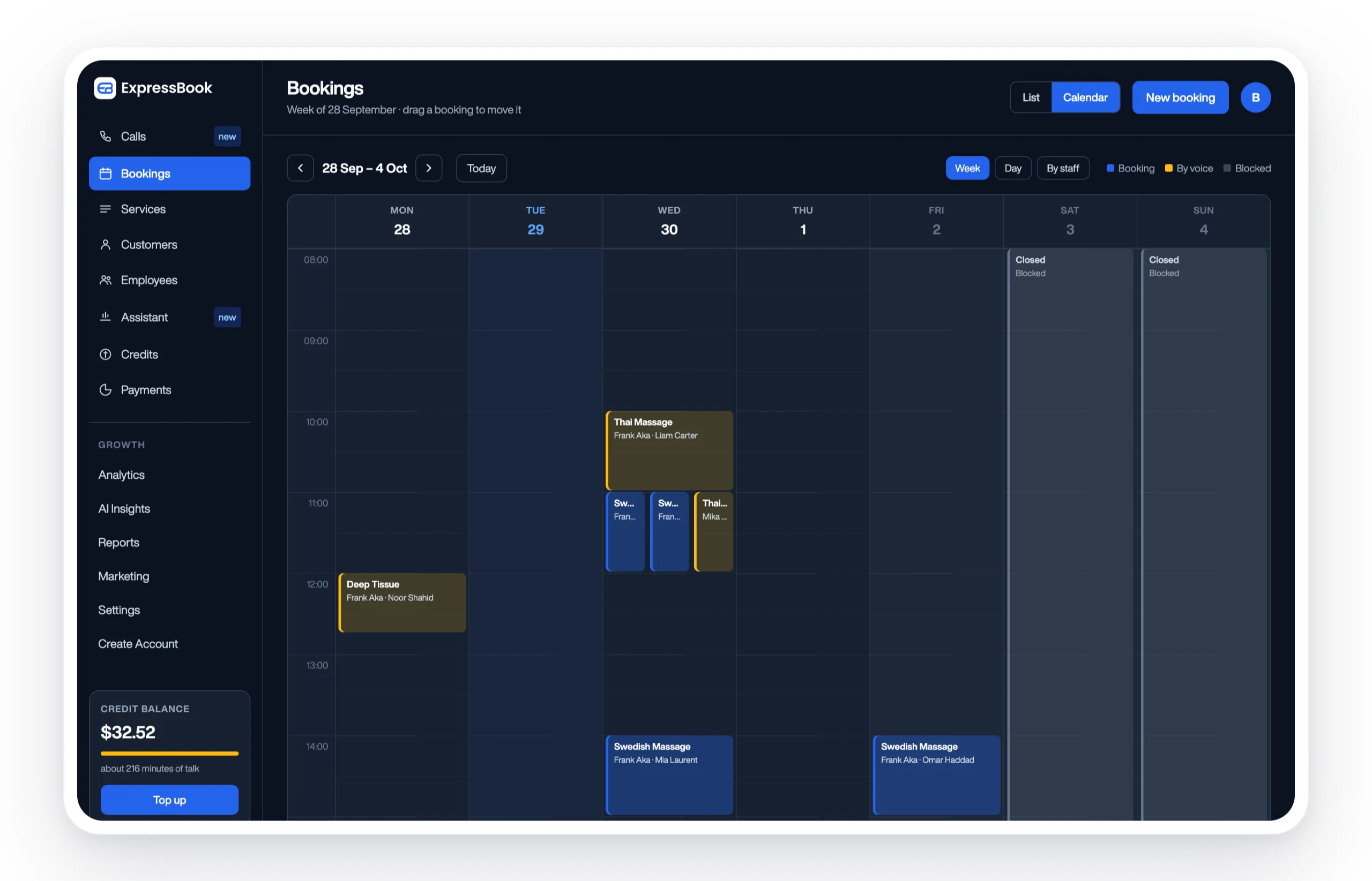 ExpressBook bookings calendar