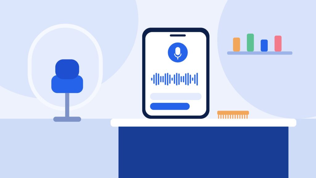 Illustration of a salon chair and a phone showing a voice booking assistant