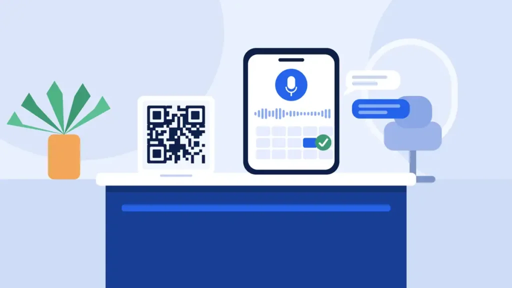 Illustration of a reception counter with a QR code stand and a smartphone showing a voice assistant and a booked calendar slot