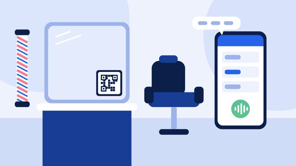 Illustration of a barbershop with a QR code on the mirror, a barber chair and a phone showing a booking page with a voice button