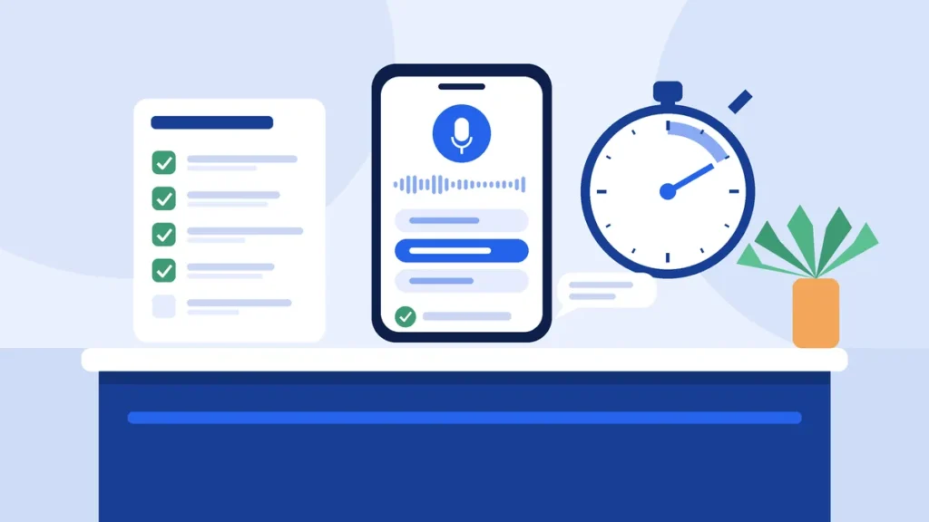 Illustration of a checklist, a phone showing a voice booking assistant with time options and a confirmed booking, and a stopwatch on a desk