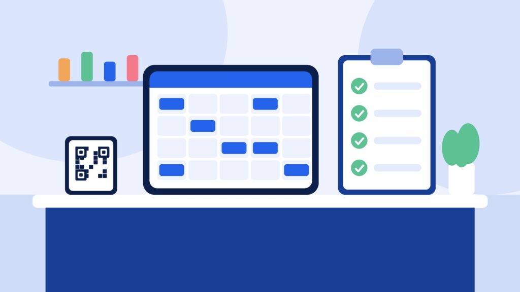 Illustration of a shop counter with a tablet showing a booking calendar, a QR code stand and a ticked checklist